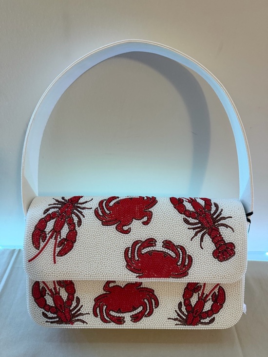 Handbags - White Beaded Shoulder Bag with Red Crab and Lobster Motif